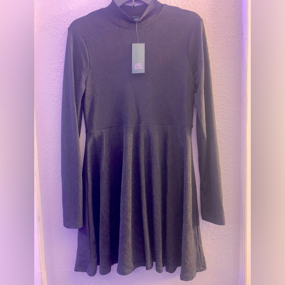 NWT Black, metallic, mock neck, long sleeve dress Size L